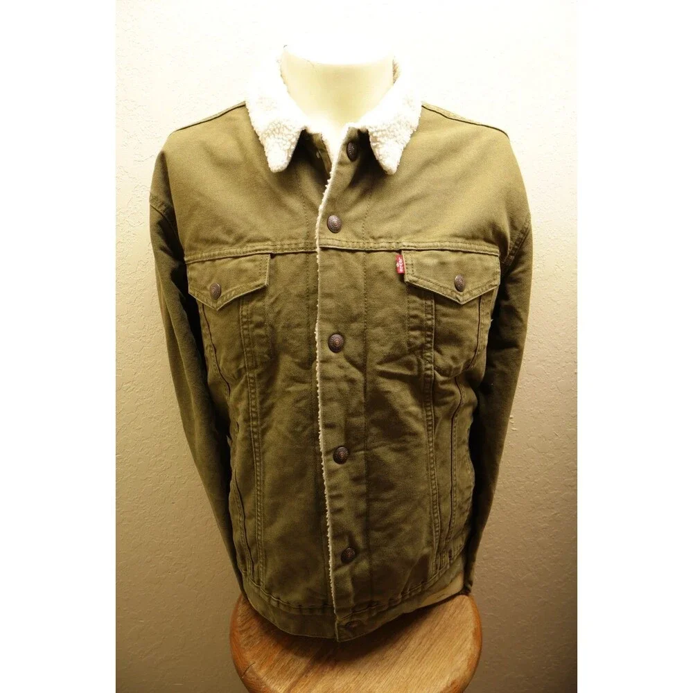 Levis Type 3 Sherpa Trucker Jacket Mens Large L Olive Green Canvas 16365 *READ*